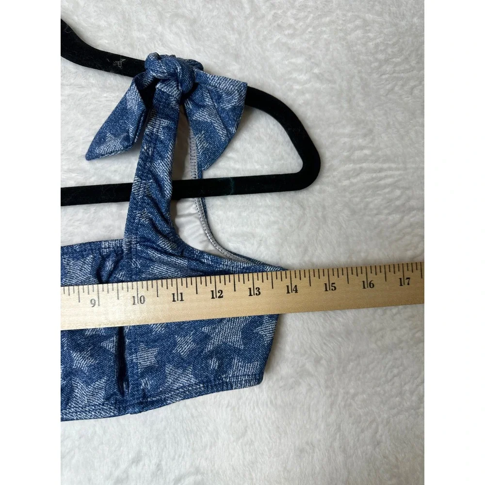 Verdelimon Denim Star Print Bikini Set Tie Shoulder Two Piece Blue Size M